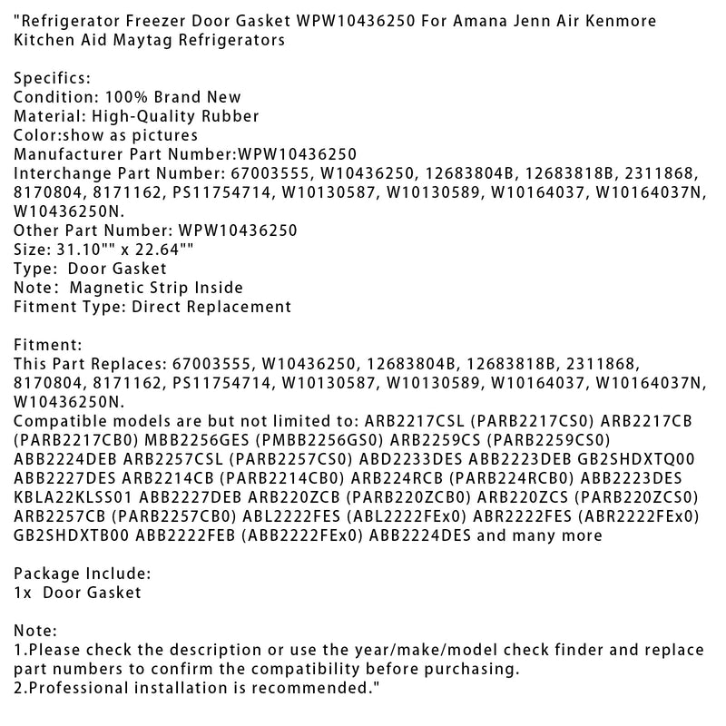 Tätning för kylskåps-/frysdörr WPW10436250 för Amana Jenn Air Kenmore kök