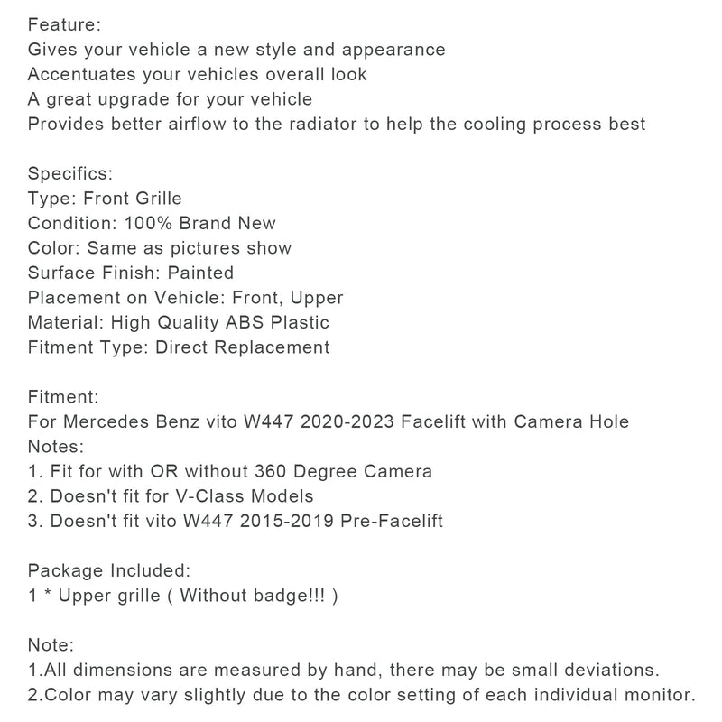 2020-2023 facelift Mercedes Benz VitoW447 Musta säleikkö