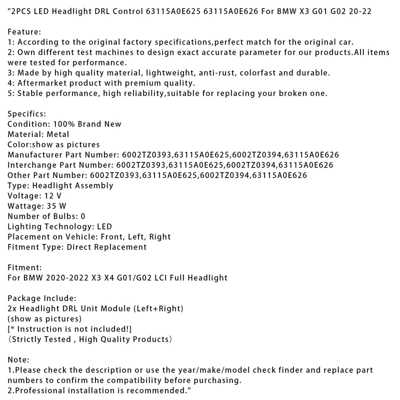 2020–2022 BMW X3 G01 G02 2 Stück LED-Scheinwerfer-Tagfahrlichtsteuerung 63115A0E625 63115A0E626
