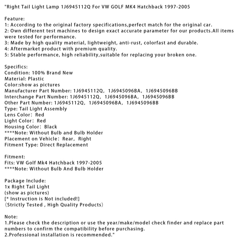 1997–2005 VW Golf MK4 Schrägheck, rechte Rückleuchte, Teilenummer 1J6945112Q