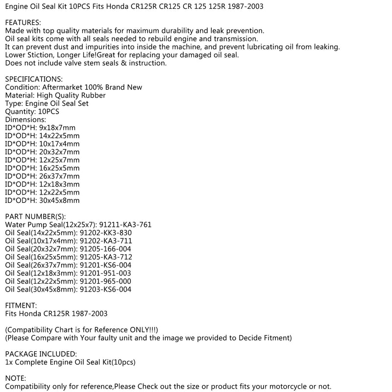 10-Teil Wellendichtring Satz für Honda CR125R CR125 CR 125 125R 1987-2003