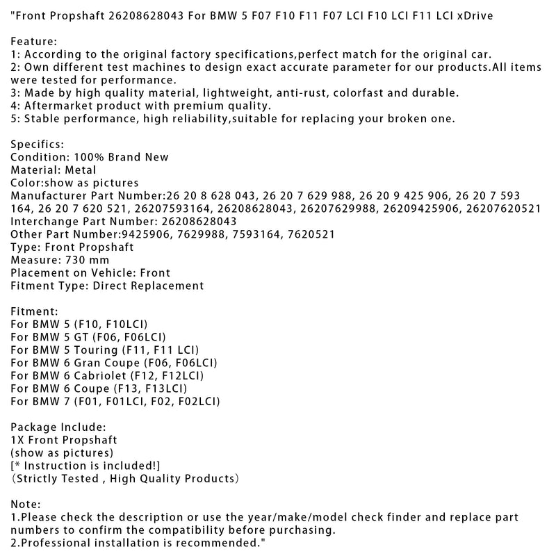 BMW 5 F07 F10 F11 F07 F10 F11 LCI xDrive Front Propshaft 26208628043