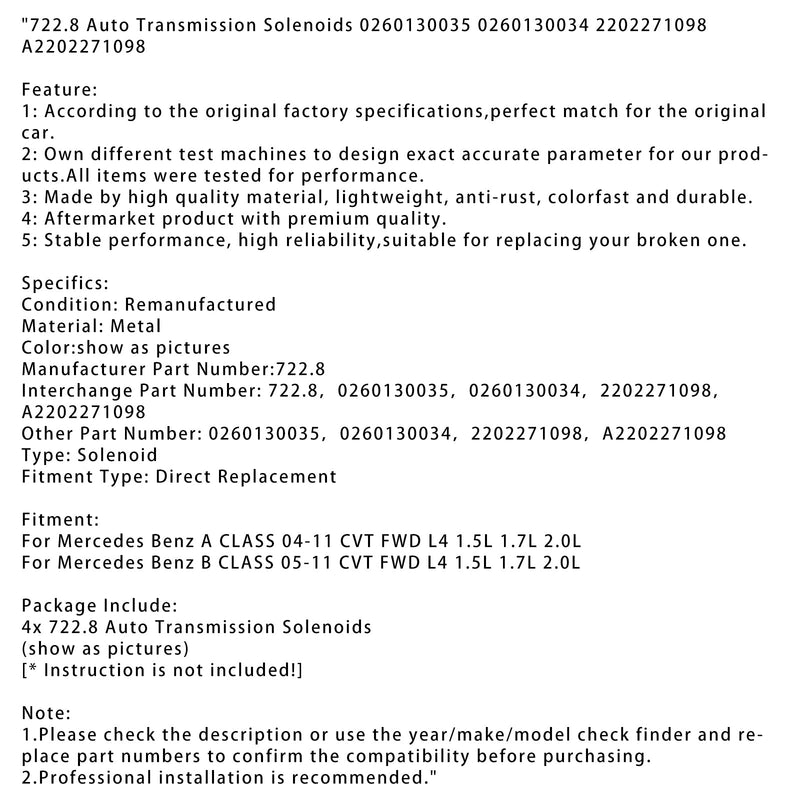 2005-2011 Mercedes Benz B KLASSE CVT FWD L4 1.5L 1.7L 2.0L 722.8 Automatgear solenoider 0260130035 0260130034