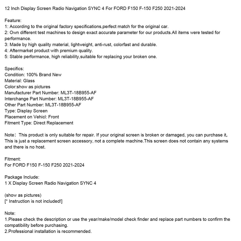2021-2024 FORD F150 F-150 F250 12 tuuman näyttö radionavigointi SYNC 4 ML3T-18B955-AF