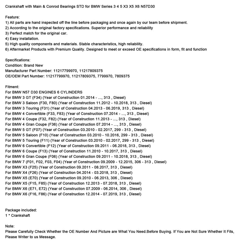 Kurbelwelle mit Haupt- und Pleuellagern STD für BMW Serie 3 4 5 X3 X5 X6 N57D30