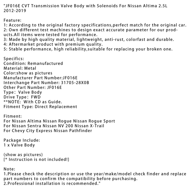 JF016E CVT voimansiirtoventtiilin runko solenoideilla sopii Nissan Altima 2.5L 12-2019