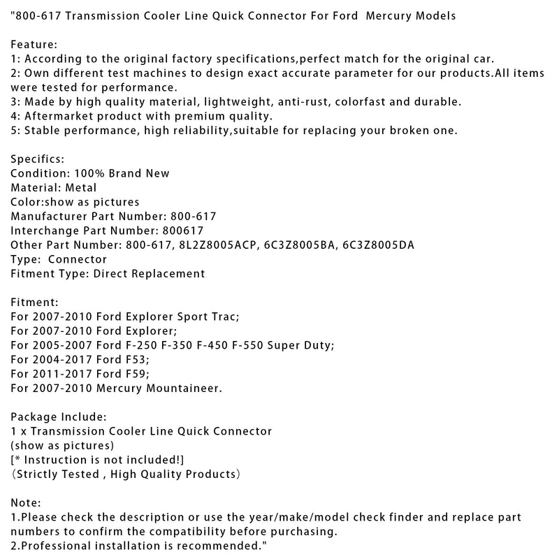 800-617 Getriebekühlerleitungs-Schnellverbinder für Ford Mercury-Modelle