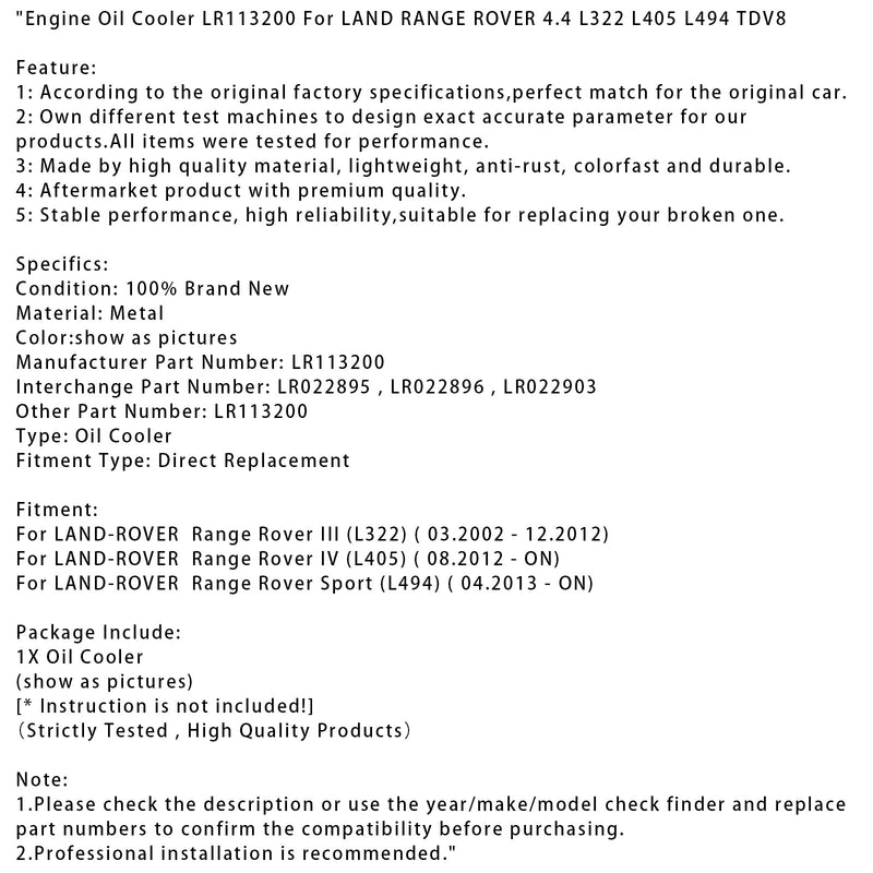 08.2012-ON LAND-ROVER Range Rover IV (L405) Engine Oil Cooler LR113200 Generic