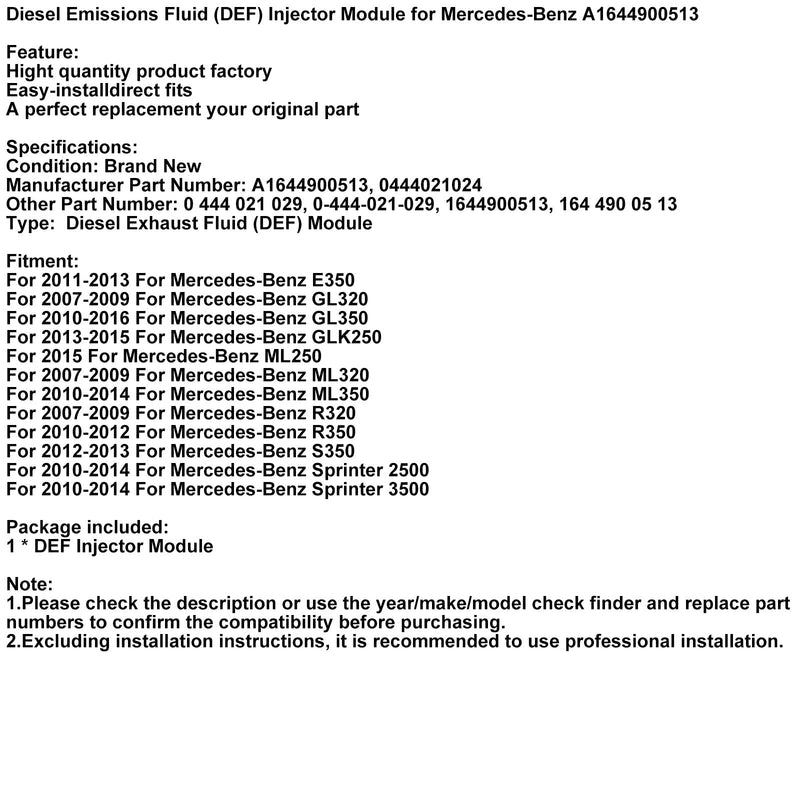 2007-2009 til Mercedes-Benz ML320 Diesel Emission Fluid (DEF) Injector Module A1644900513