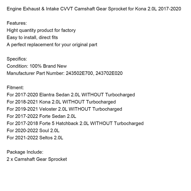 2018-2021 Kona 2.0L NON Turbo Engine Avgassystem och insug CVVT Kamaxeldrev 243502E700