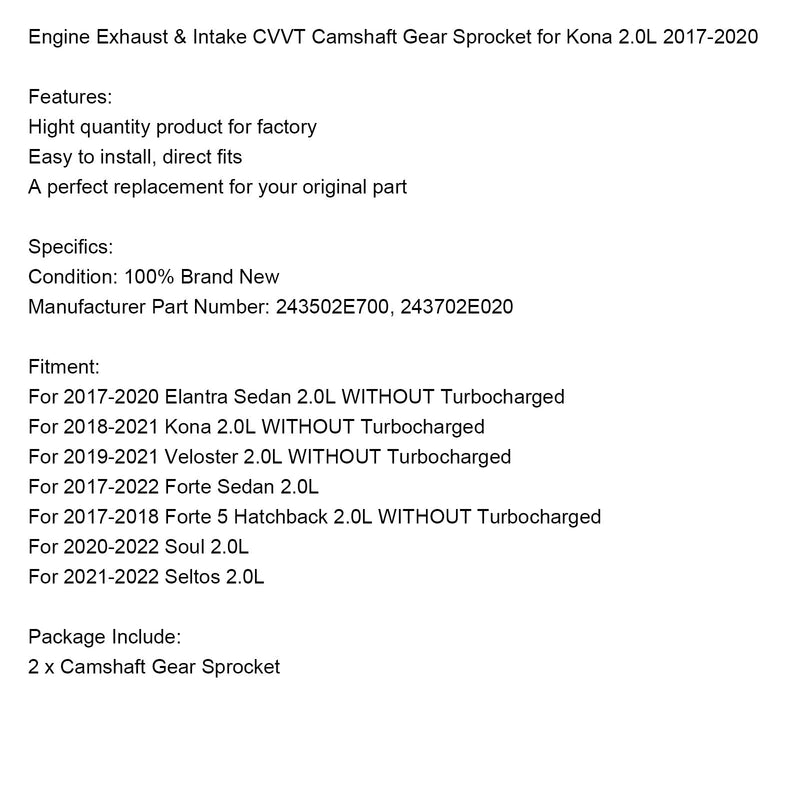 2019-2021 Veloster 2.0L NON Turbomotor Avgassystem och insug CVVT Kamaxeldrev 243502E700