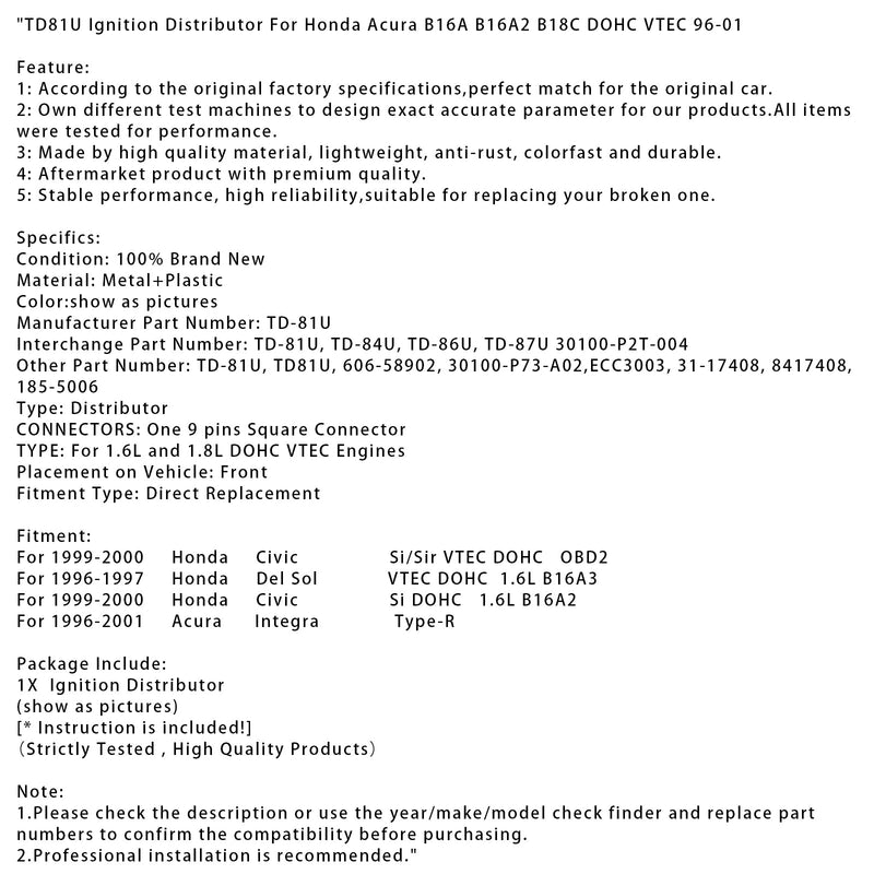 1999-2000 Honda Civic Si/Sir VTEC DOHC OBD2 Zündverteiler TD81U