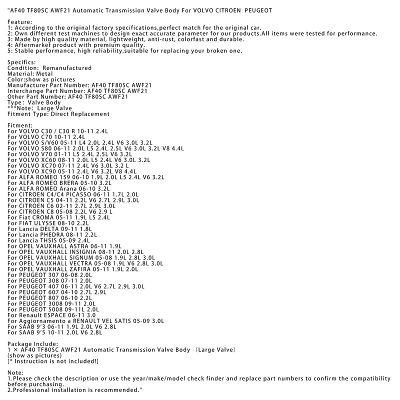 2008-2011 VOLVO XC60 2.0L L5 2.4L V6 3.0L 3.2L Automatgear ventilhus AF40 TF80SC AWF21