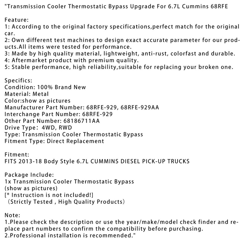 2013–18 rungon muoto 6,7 L Cummins Diesel Picket-Up-kuorma-autojen varusteiden jäähdyttimen termostaatin ohituspäivitys 68RFE-929