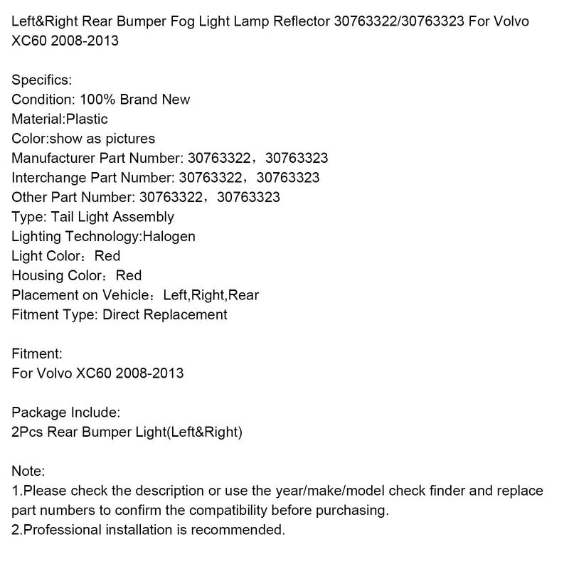 2008-2013 Volvo XC60 Links &amp; Rechts Heckstoßstange Nebelscheinwerfer Lampe Reflektor