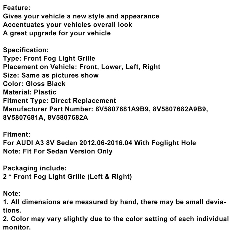 2013–2016 Audi A3 8v Limousine, kiiltävä musta, etusivuvalojen säleikön kannet