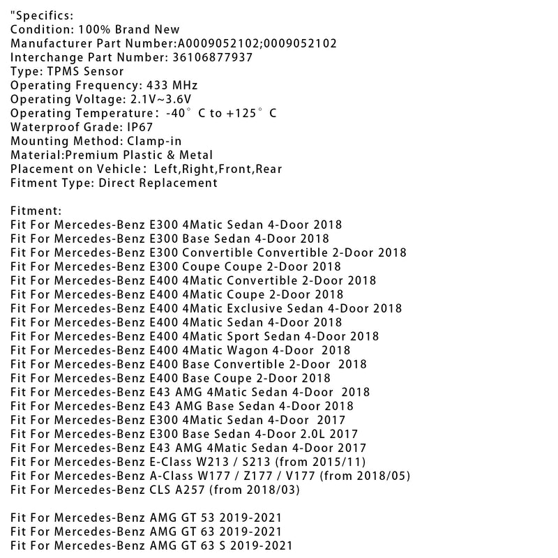 4X TPMS Reifendrucksensor Für Mercedes-Benz AE Klasse W213 A0009052102