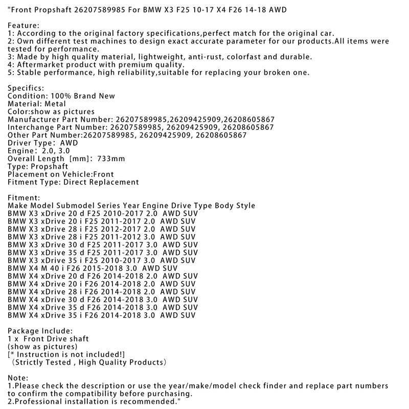 2010-2017 BMW X3 xDrive 35 i F25 3.0 AWD SUV Vordere Gelenkwelle 26207589985