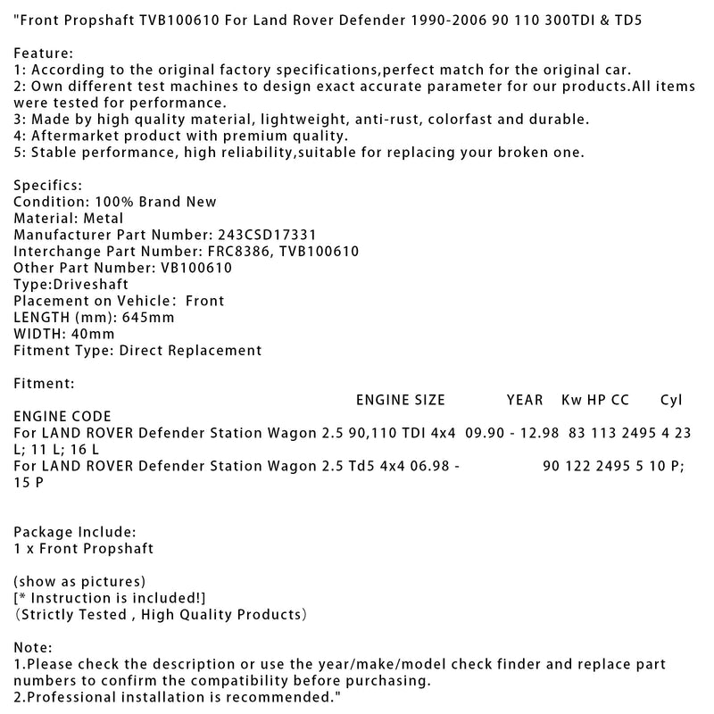 Vordere Kardanwelle TVB100610 Für Land Rover Defender 1990-2006 90 110 300TDI &amp; TD5