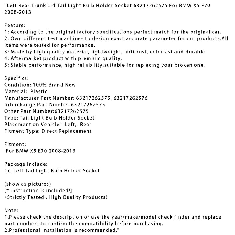 2008–2013 BMW X5 E70 links hinten Kofferraum Deckel Rücklicht Birne Halter Sockel