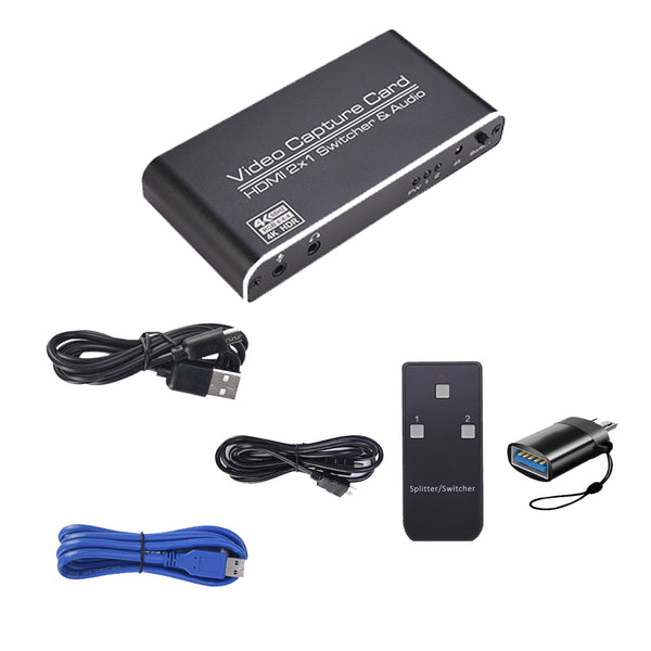 USB3.0 två-i-ett videoinspelningskort HDMI 2X1 switcher & ljudslinga HDMI 4Kp60 & MIC + ljud