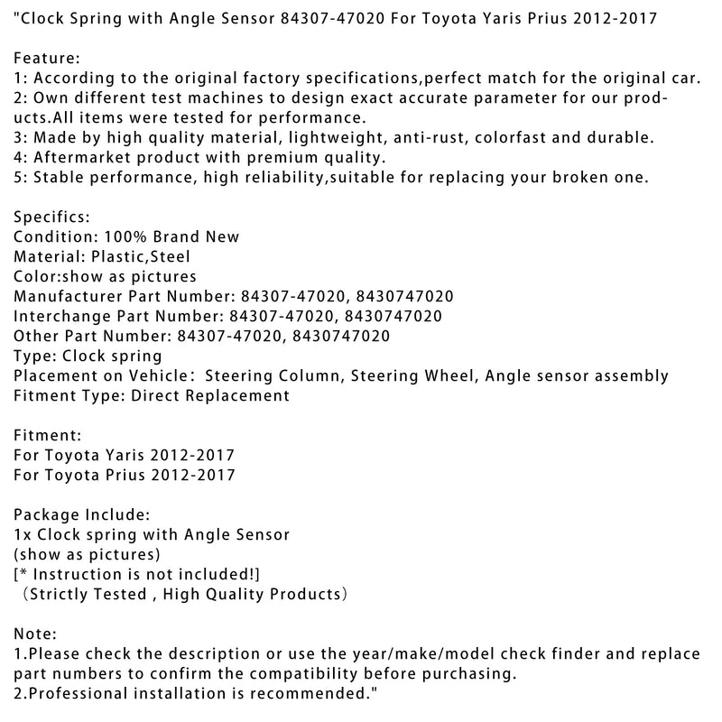 Wrap Spring med vinkelsensor 84307-47020 til Toyota Yaris Prius 2012-2017