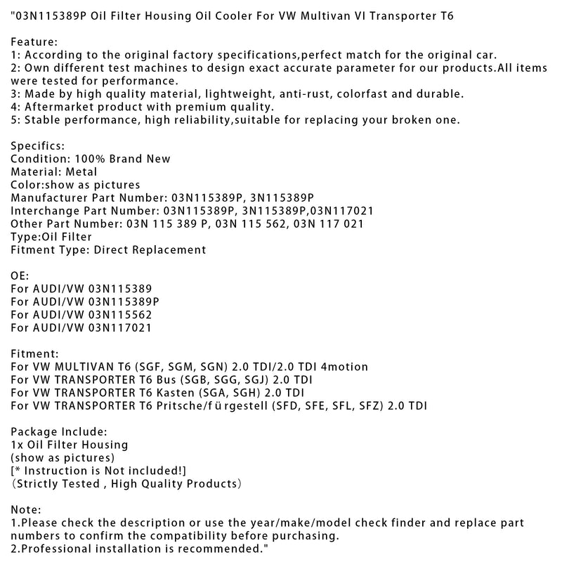 03N115389P Ölfiltergehäuse Ölkühler für VW Multivan VI Transporter T6