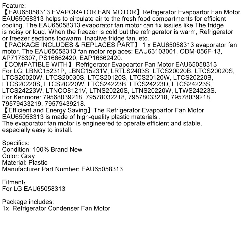 Jääkaapin höyrystimen tuulettimen moottorin vaihtotarvikkeet LG EAU65058313