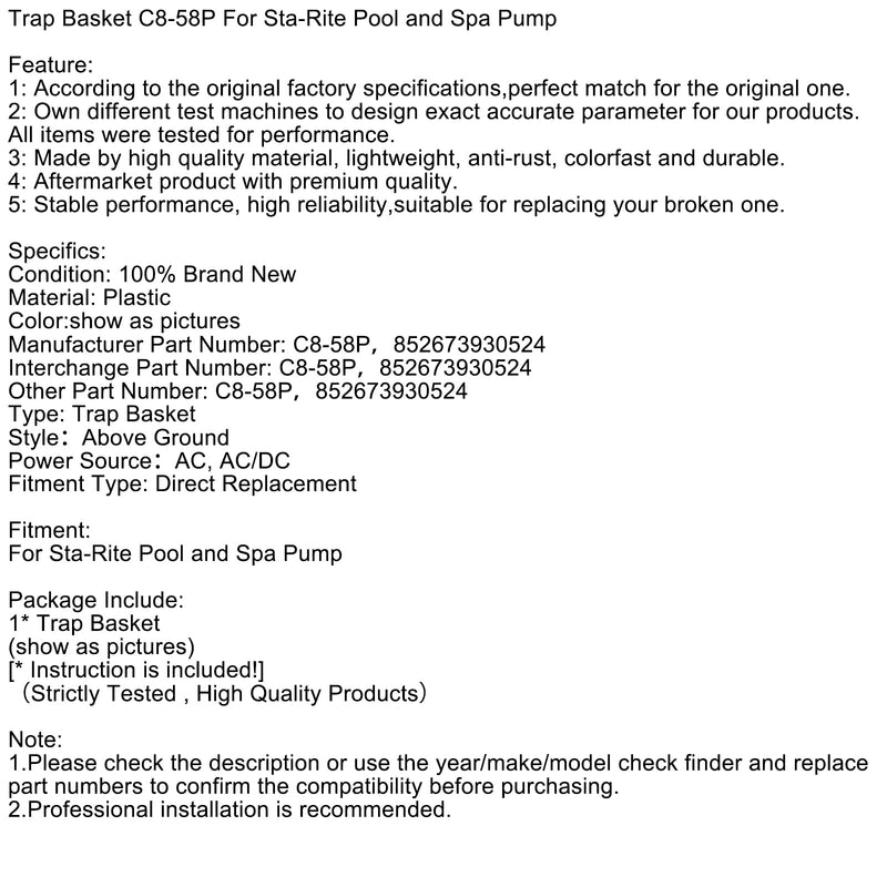 Siphon koszyk C8-58P dla basenu STA-ryte i pompy spa