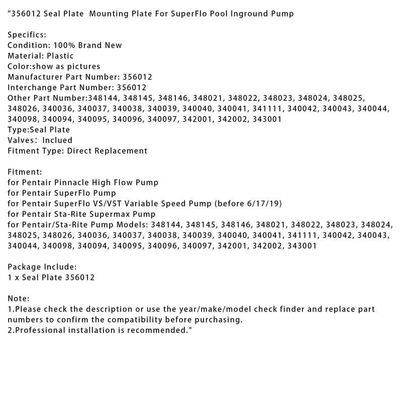 356012 Płyta uszczelniająca, płyta montażowa do pompy Inground Basen Superflo