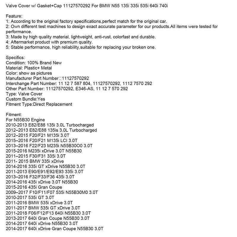 2013-2016 BMW F22/F23 M235i N55B30O0 3.0T N55B30 Motorventildeksel med pakning + hette 11127570292