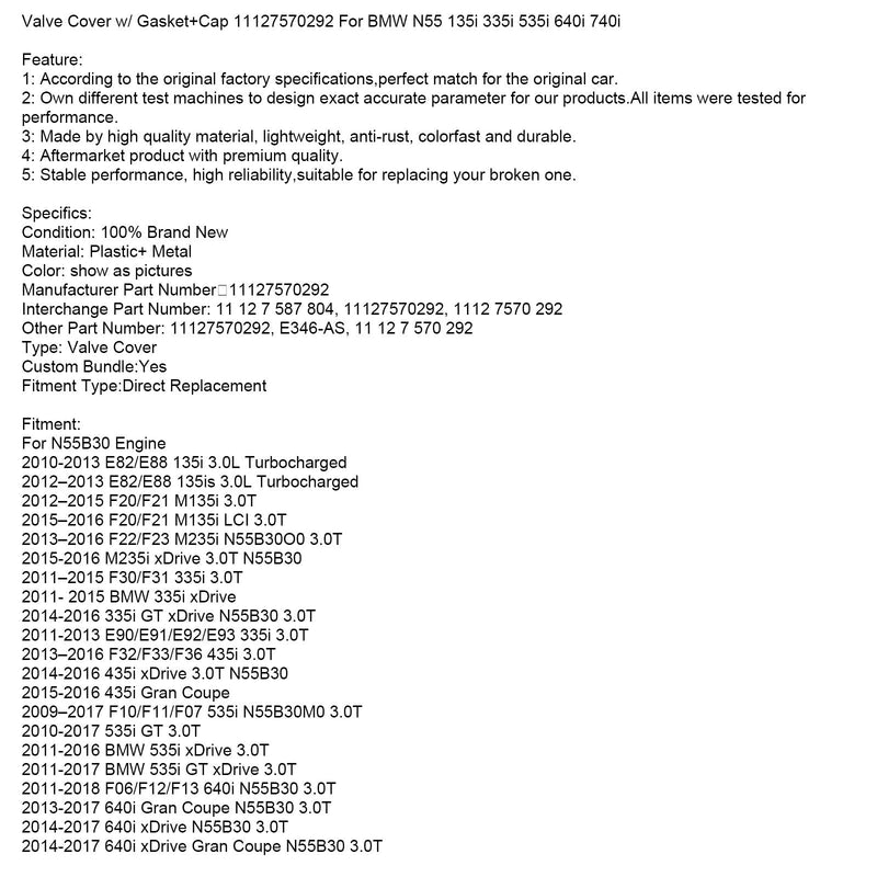 2012-2013 BMW E82/E88 135is 3,0L turboladdare N55B30 Motorventilkåpa med packning + lock 11127570292