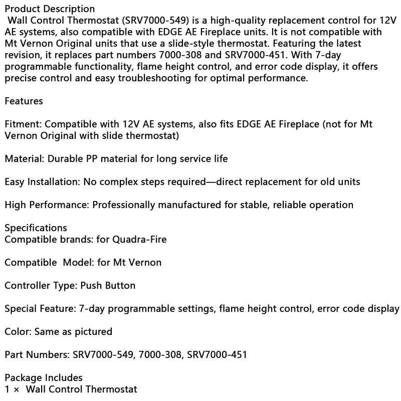 SRV7000-549 Wandthermostat, kompatibel mit QuadraFire MT Vernon AE