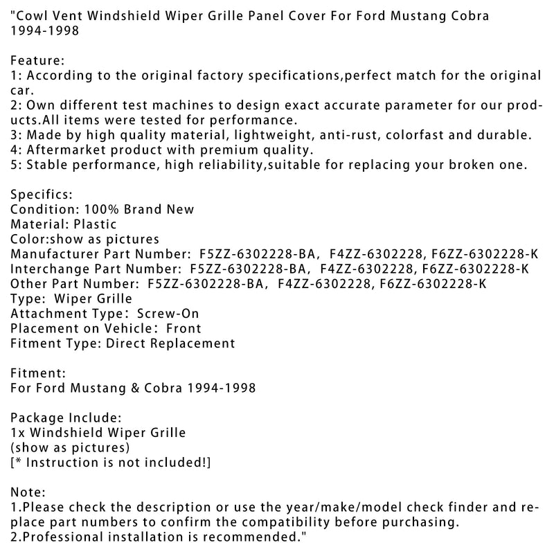 1994-1998 Ford Mustang Cobra Cowl Vent Forrudeviskergitter Paneldæksel F5ZZ-6302228-BA