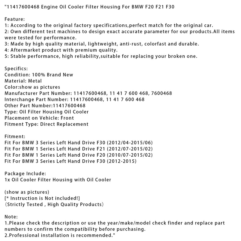 2012/04-2015/06 BMW 3 Series Linkslenker F30 Motorölkühler Filtergehäuse 11417600468