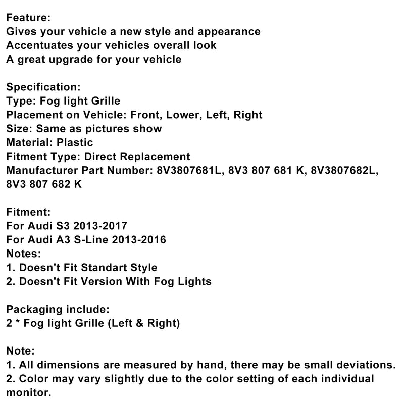 2013-2016 AUDI A3 S3 S-Line Front Lower Fog Light Cover Grill Grille