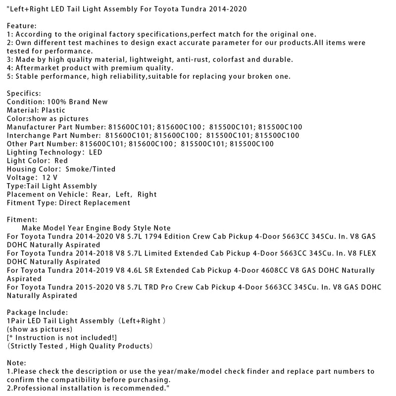 2014–2020 Toyota Tundra links + rechts LED Rücklicht Montage 815600C101 815600C100