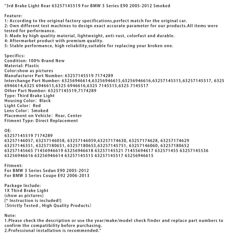 3rd Brake Light Rear 63257145519 For BMW 3 Series E90 2005-2012 Smoked