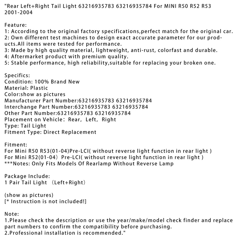 2001-2004 MINI R50 R52 R53 Bak Vänster + Höger Bakljus 63216935783 63216935784