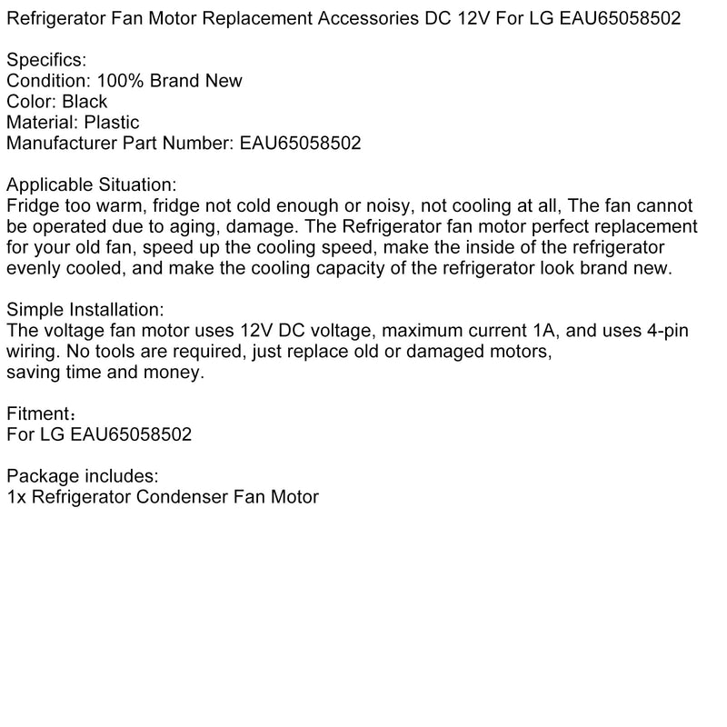 Kylskåpsfläktmotorersättningsstillbehör DC 12V för LG EAU65058502