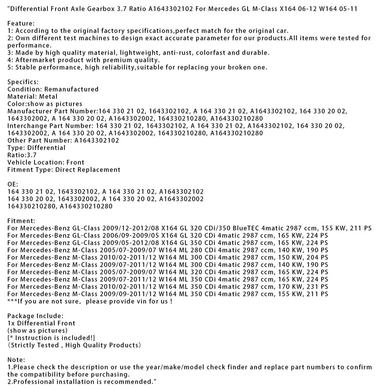 2009/09-2011/12 Mercedes-Benz M-Klasse W164 ML 350 CDi 4matic Differential Vorderachse Getriebe 3,7 Verhältnis 164330210280