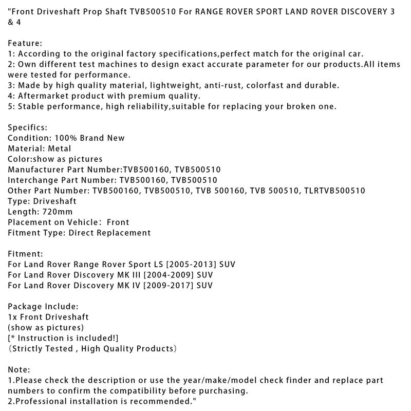 2005-2013 Land Rover Range Rover Sport LS SUV Vordere Antriebswelle Kardanwelle TVB500160 TVB500510