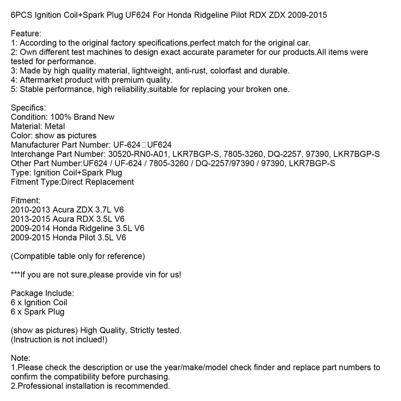 6 STÜCKE Zündspule + Zündkerze UF624 Passend für Honda Ridgeline Pilot RDX ZDX 2009-2015
