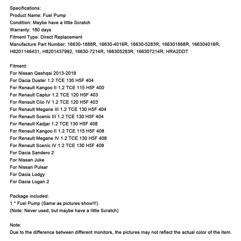 Korkeapaineinen polttoainepumppu 166301888R Dacialle Nissan Renault 1.2L