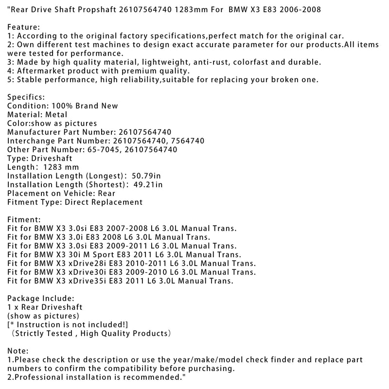 2007–2008 BMW X3 3.0si E83 L6 3.0L Schaltgetriebe Hintere Antriebswelle Kardanwelle 26107564740 65–7045 1283 mm