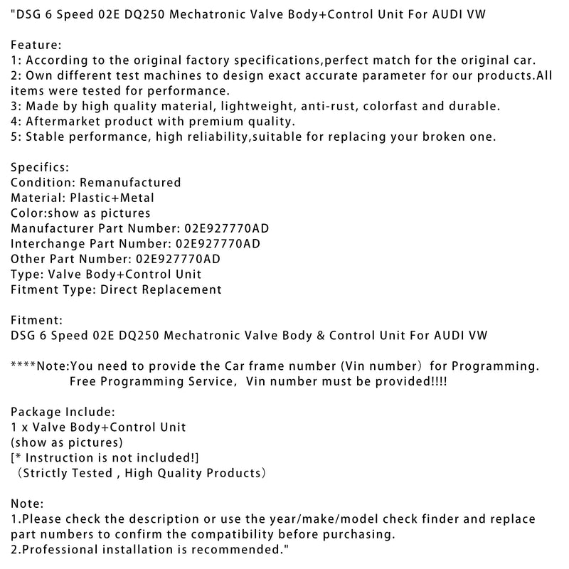 Audi VW DSG 6-SpEED 02E DQ250 -mechatronic-venttiilin kotelo + Ohjausyksikkö
