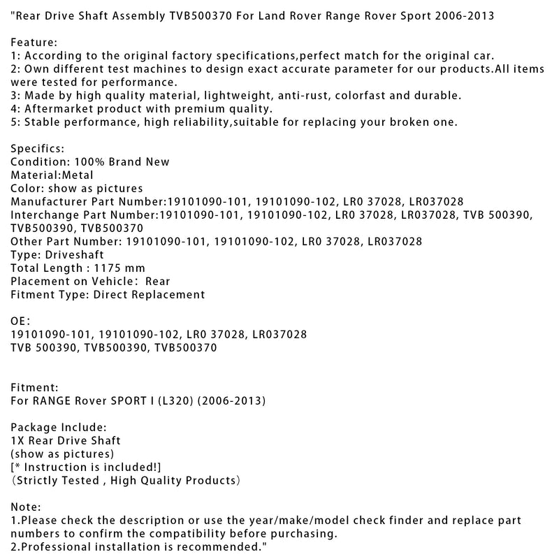2006–2013 Land Rover Range Rover Sport Hintere Antriebswelle Montage TVB500370