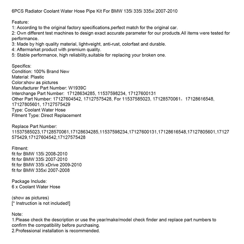 2007-2008 BMW 335xi 6-delt kølevæskeslangesæt 17128634285