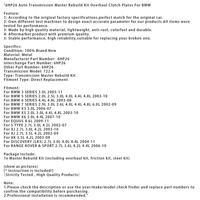 2003–2010 BMW 5 SERIES 2.0L 2.5L 3.0L 4.0L 4.4L 4.8L Automatikgetriebe Master Rebuild Kit Überholung Kupplungsscheiben 6HP26