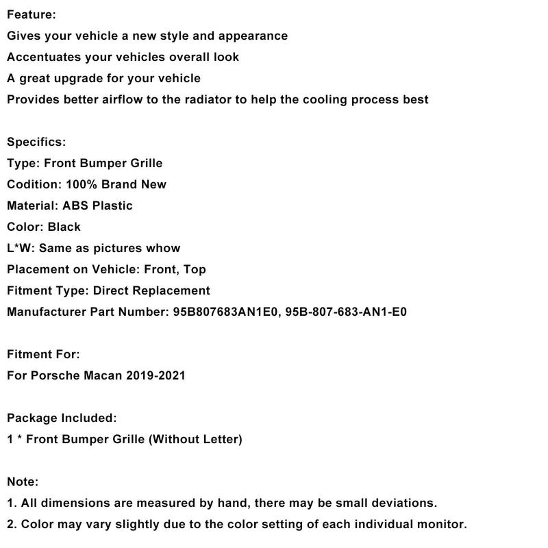 2019–2021 Porsche Macan Schwarz Frontstoßstangengrill 95B807683AN1E0